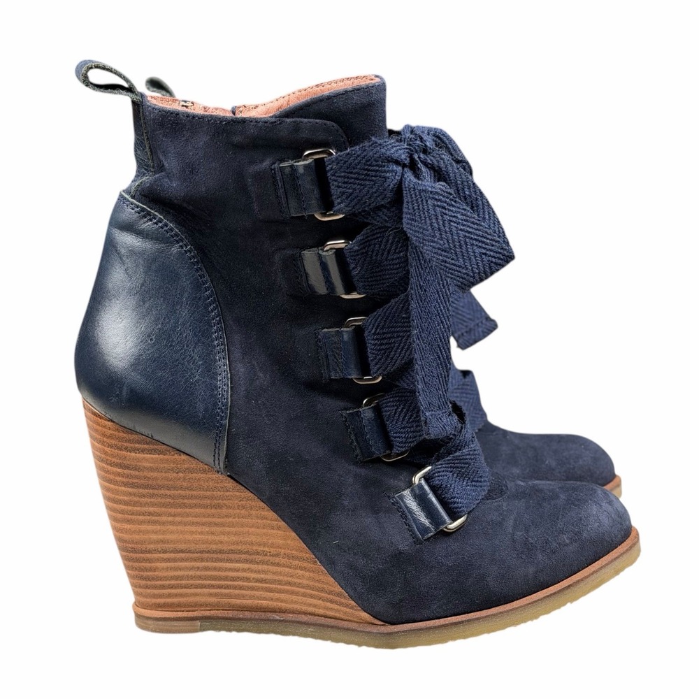 Anthropologie Lucky Penny Navy Ski-Slope Wedge‎ Booties EU 39 Suede